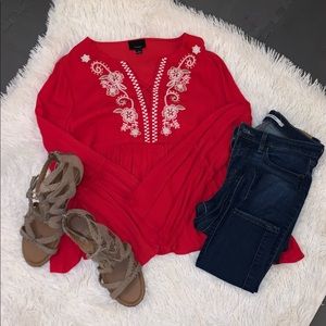 VICI Collection Red Boho Top w Bell Sleeves
